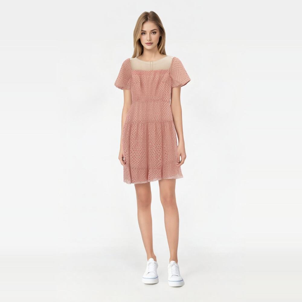 2/$30 DRESS THE POPULATION Midi Dress Size M Pink Polka Dot Semi Sheer Lined